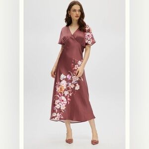 Floral V-Neck Satin Midi Dress in Dusty Rose